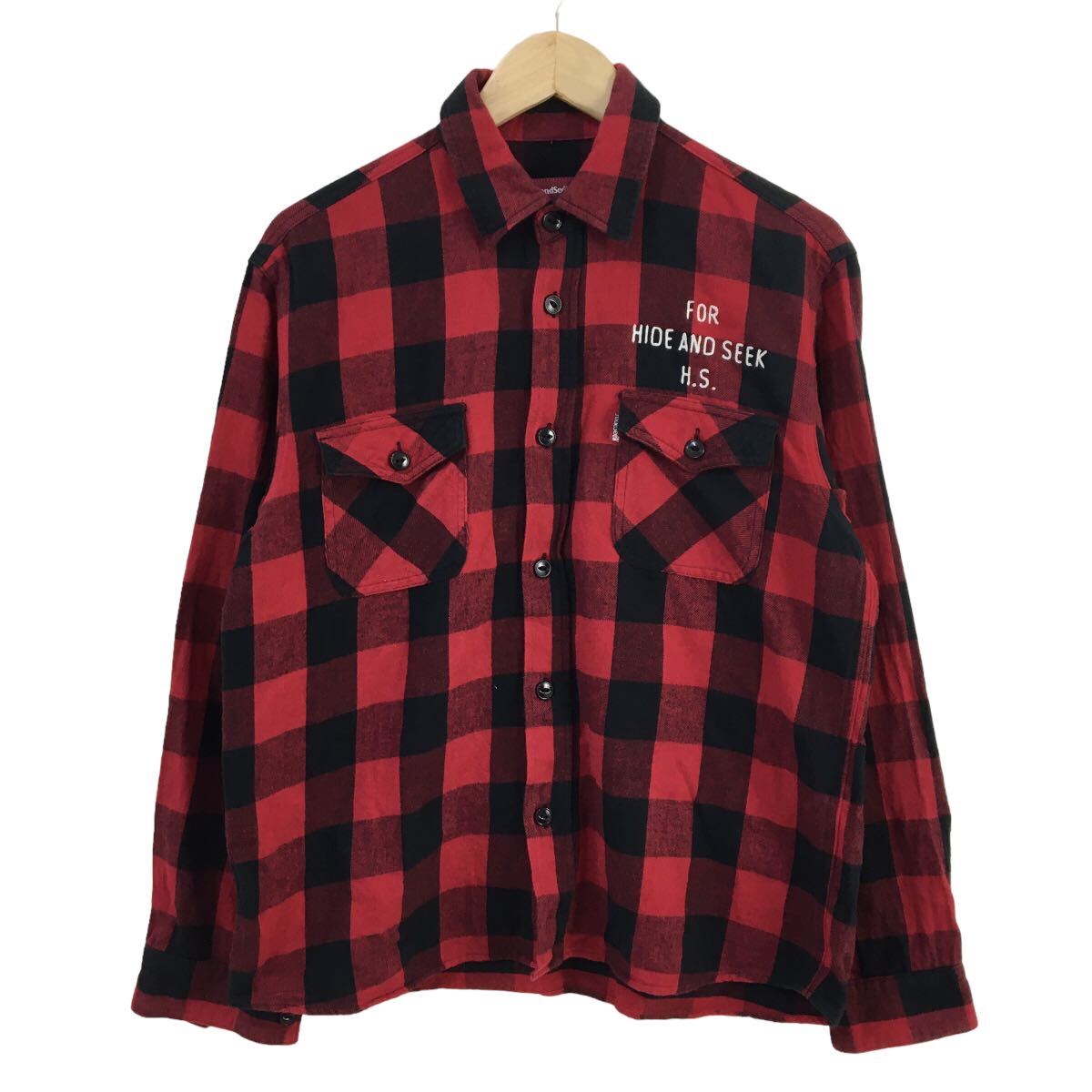 ND175 made in Japan HIDEANDSEEK hyde and si-k long sleeve shirt feather weave tops front button cotton cotton 100% red group total pattern men's L