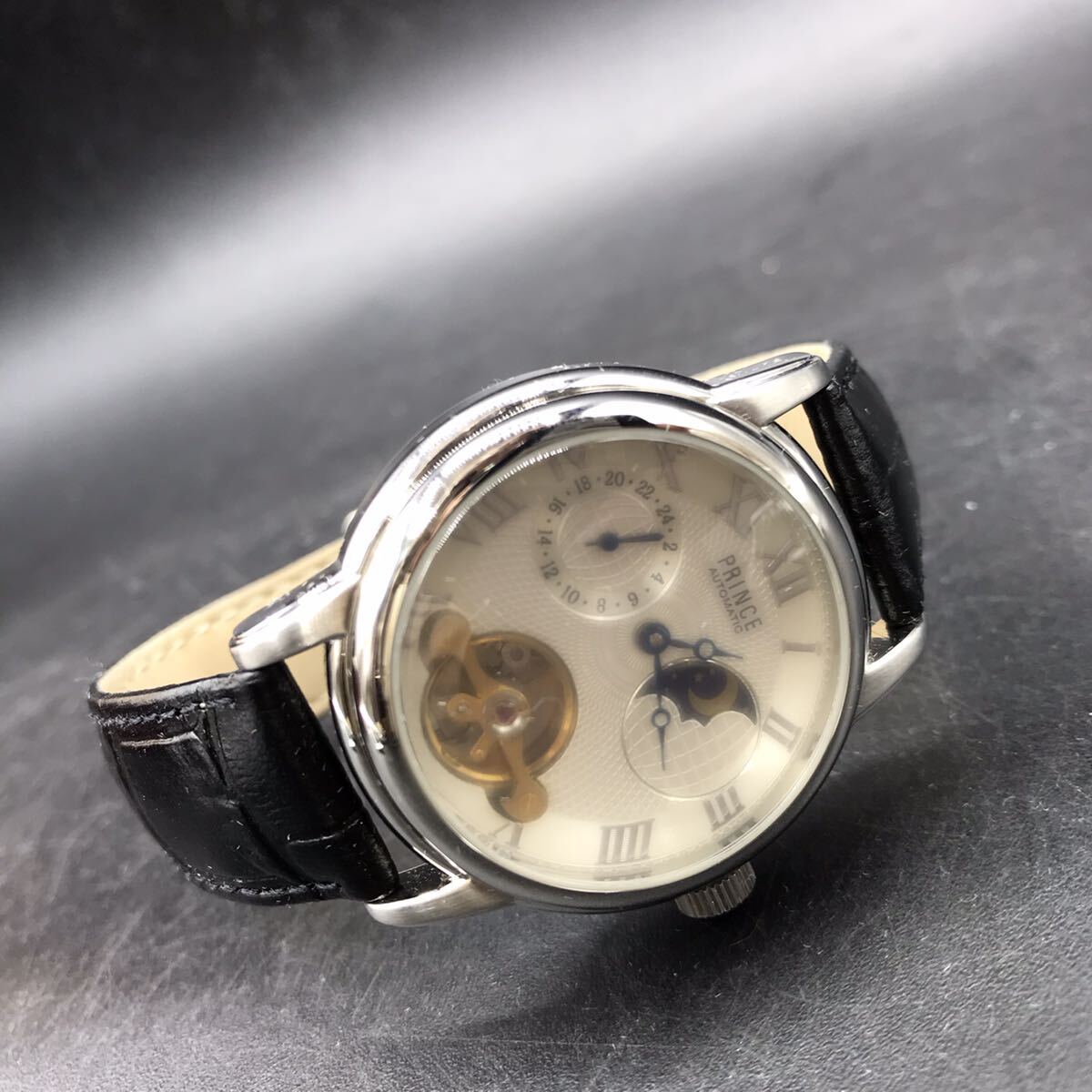 M561 稼働品 自動巻き 腕時計 2本 まとめ売り PRINCE プリンス P-0009 WINNER ウィンナー スケルトン 裏スケ ムーンフェイスの画像3