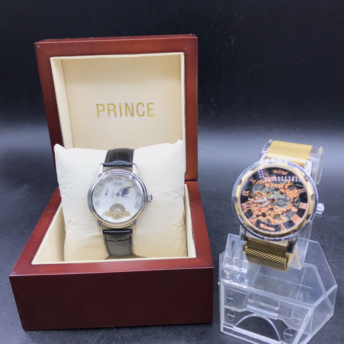M561 稼働品 自動巻き 腕時計 2本 まとめ売り PRINCE プリンス P-0009 WINNER ウィンナー スケルトン 裏スケ ムーンフェイスの画像1
