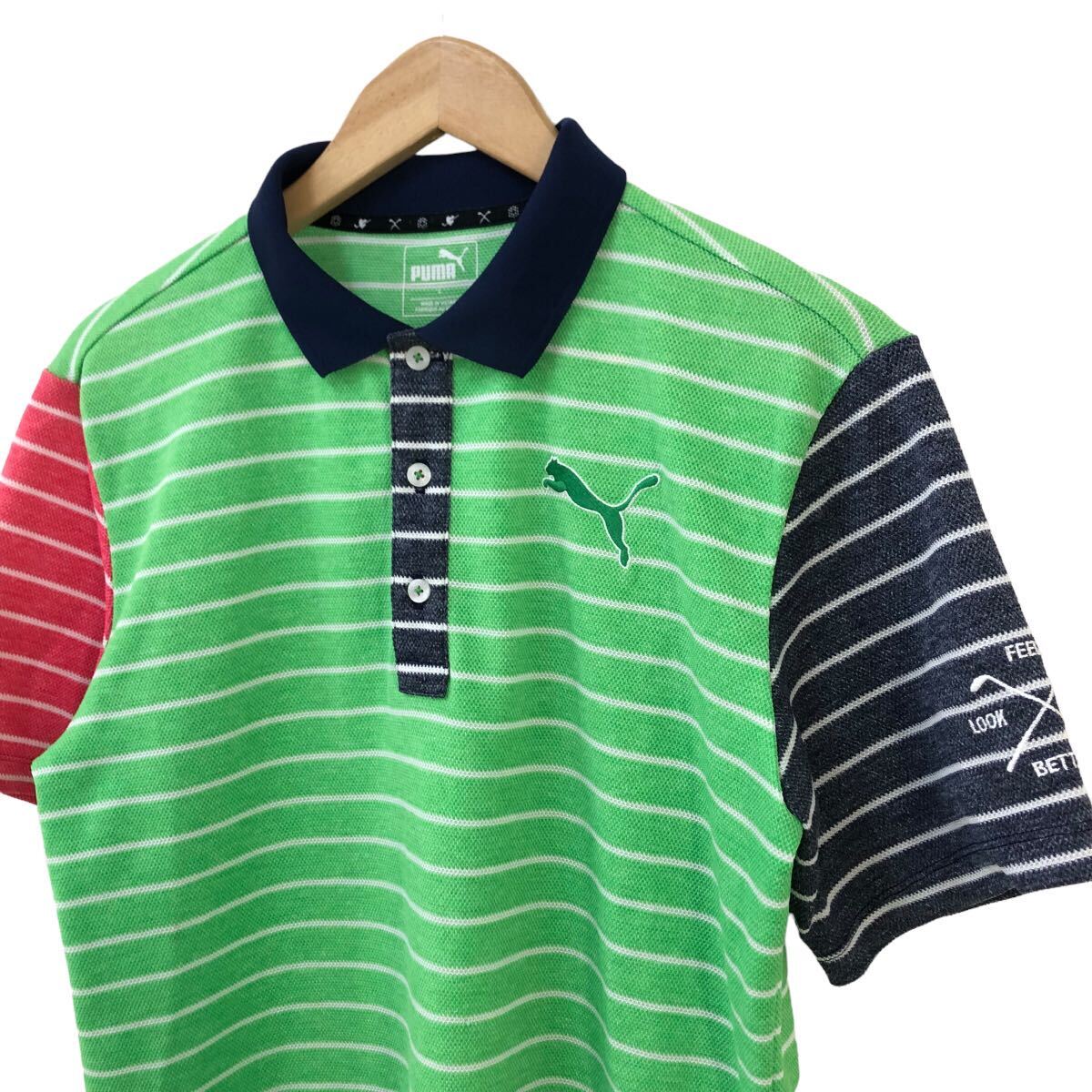 H726② 良品 PUMA GOLF プーマゴルフ ゴルフウェア 半袖 ポロシャツ シャツ トップス 薄手 グリーン系 ポリエステル メンズ L_画像4