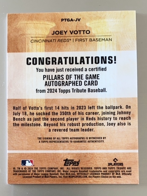 2024 Topps Tribute Pillars of the Game Autographs #PTGAJV Joey Votto 16/75 _画像2