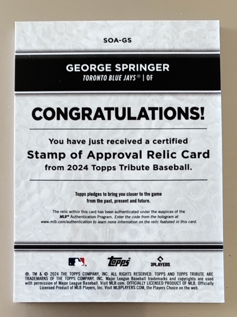 2024 Topps Tribute Stamp of Approval Relics Blue #SOAGS George Springer 108/150_画像2