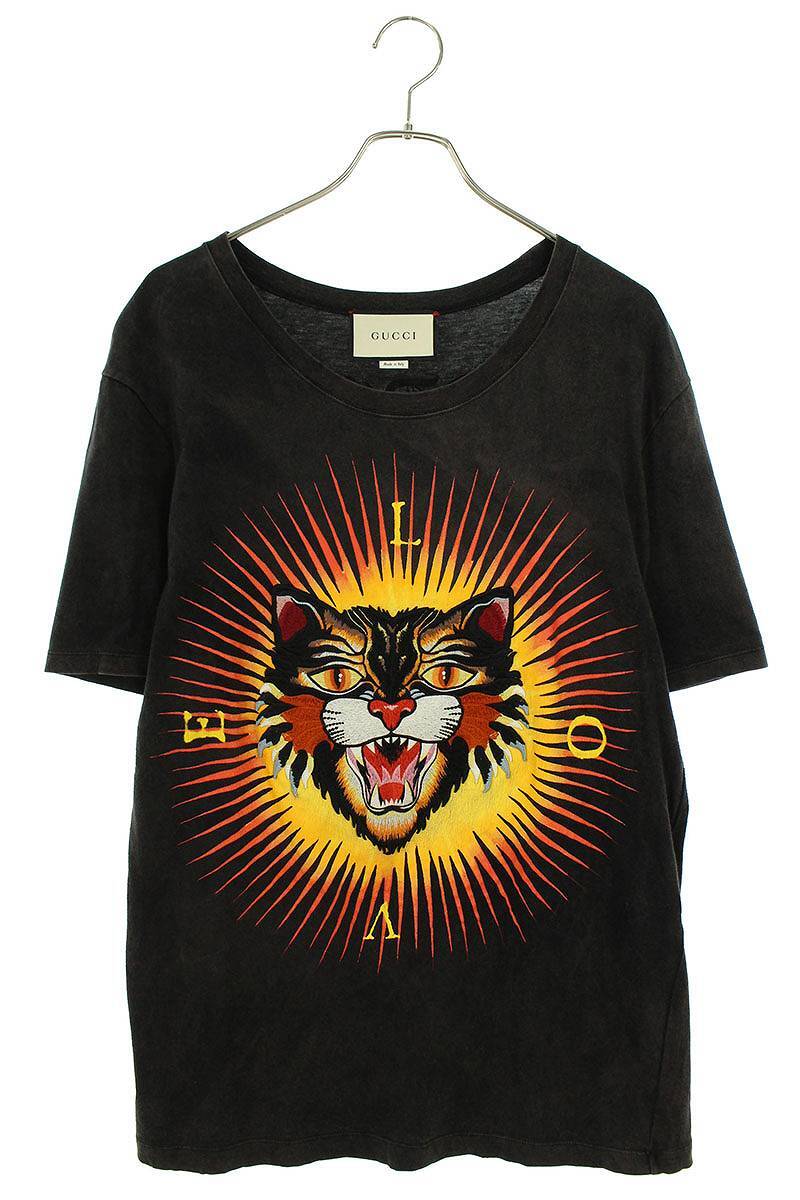 グッチ GUCCI 17AW 442670 X5U16 サイズ:M ヴィンテージ加工アングリーキャットTシャツ 中古 OM10_画像1