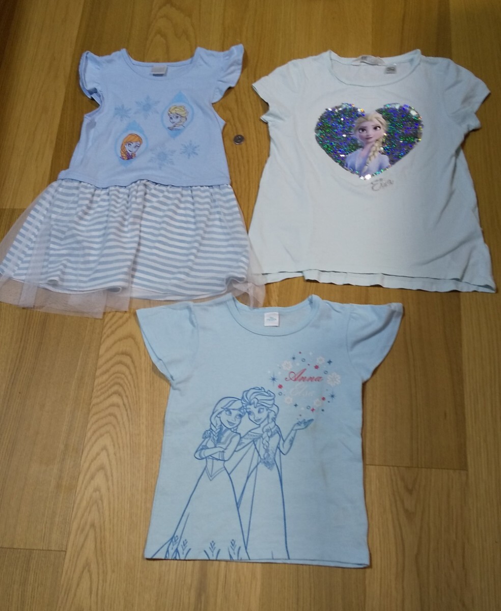 女の子 半袖Tシャツ ワンピース アナ雪 ディズニー エルサ 水色 3枚セット まとめ売１２０cm 140cm ６歳8歳１０歳 美品定価18000円レース_画像1