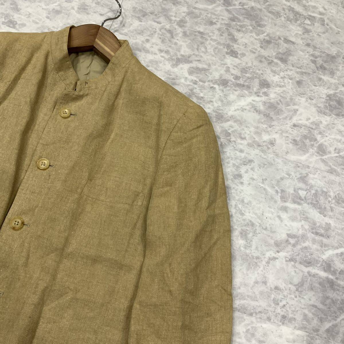 D ▼ 都会のカジュアルウェア '日本製' Papas パパス リネン混 ボタン ノーカラー ジャケット size:S メンズ beige 紳士服_画像3