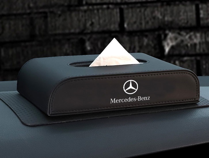 メルセデス・ベンツ BENZ 車用ティッシュボックス PUレザー 高級ティッシュケース 磁石開閉 車内収納ケース ロゴ入り 防水 ブラック_画像3