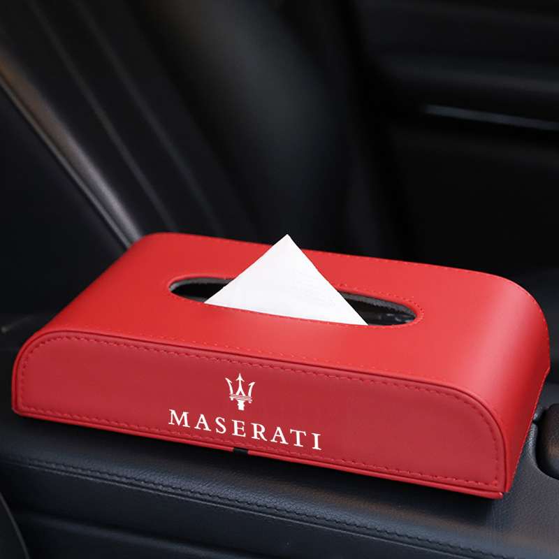 マセラティ Maserati 車用ティッシュボックス PUレザー 高級ティッシュケース 磁石開閉 車内収納ケース ロゴ入り 防水 レッド_画像2