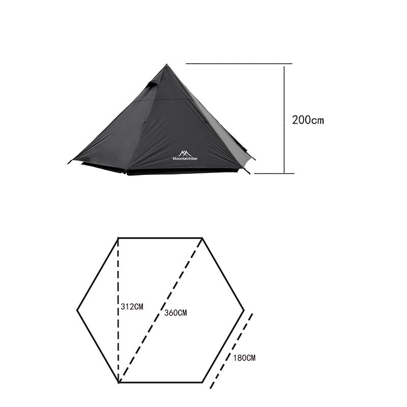 ワンポールピラミッドテント 2-4人用 ピラミッドテント 4シーズン 収納バッグ付 簡単設営 キャンプ用品 軽量 通気性 防風防雨 ブラック_画像3