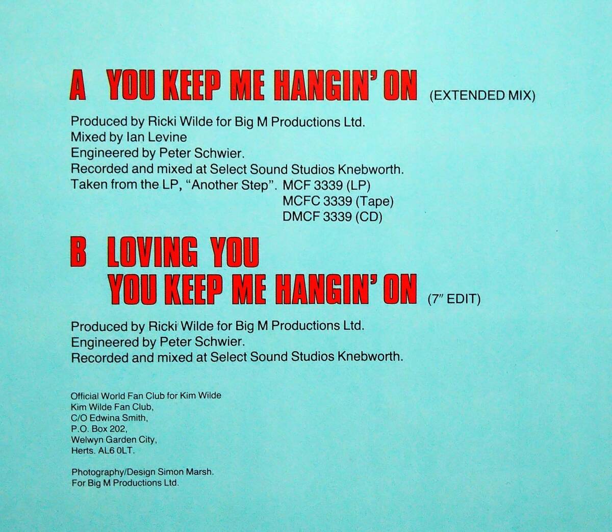 【12's 洋Pop Dance】Kim Wilde「You Keep Me Hangin' On (Extended Mix)」オリジナル UK盤_収録内容