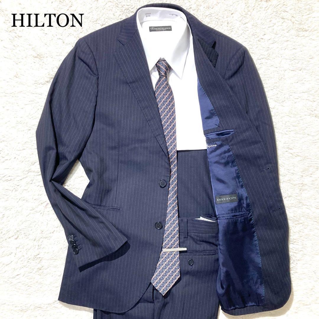 【未使用級】HILTON ヒルトン スーツ ネイビー 紺 ストライプ 本切羽 L_画像1