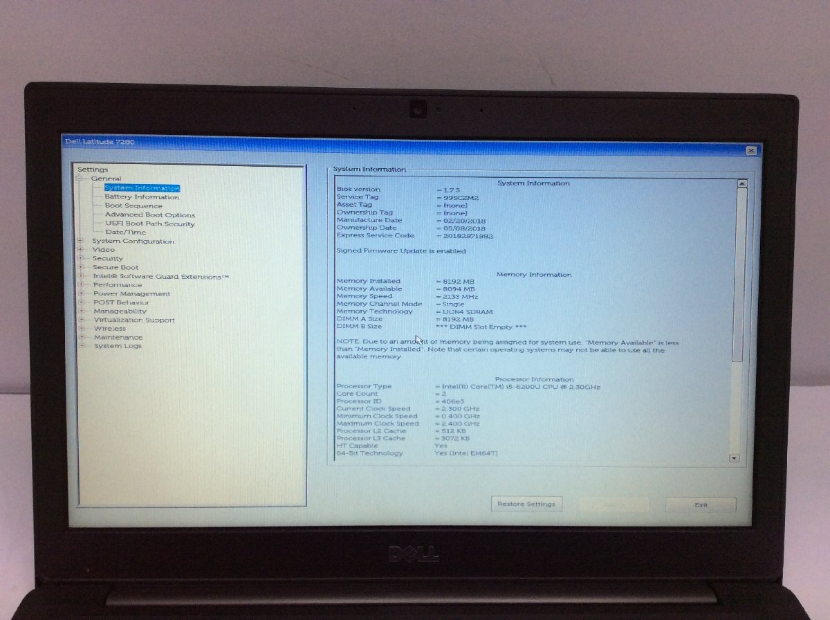  Junk / Dell Latitude 7280 Intel Core i5-6200U memory 8.19GB SSD256.06GB [G22610]