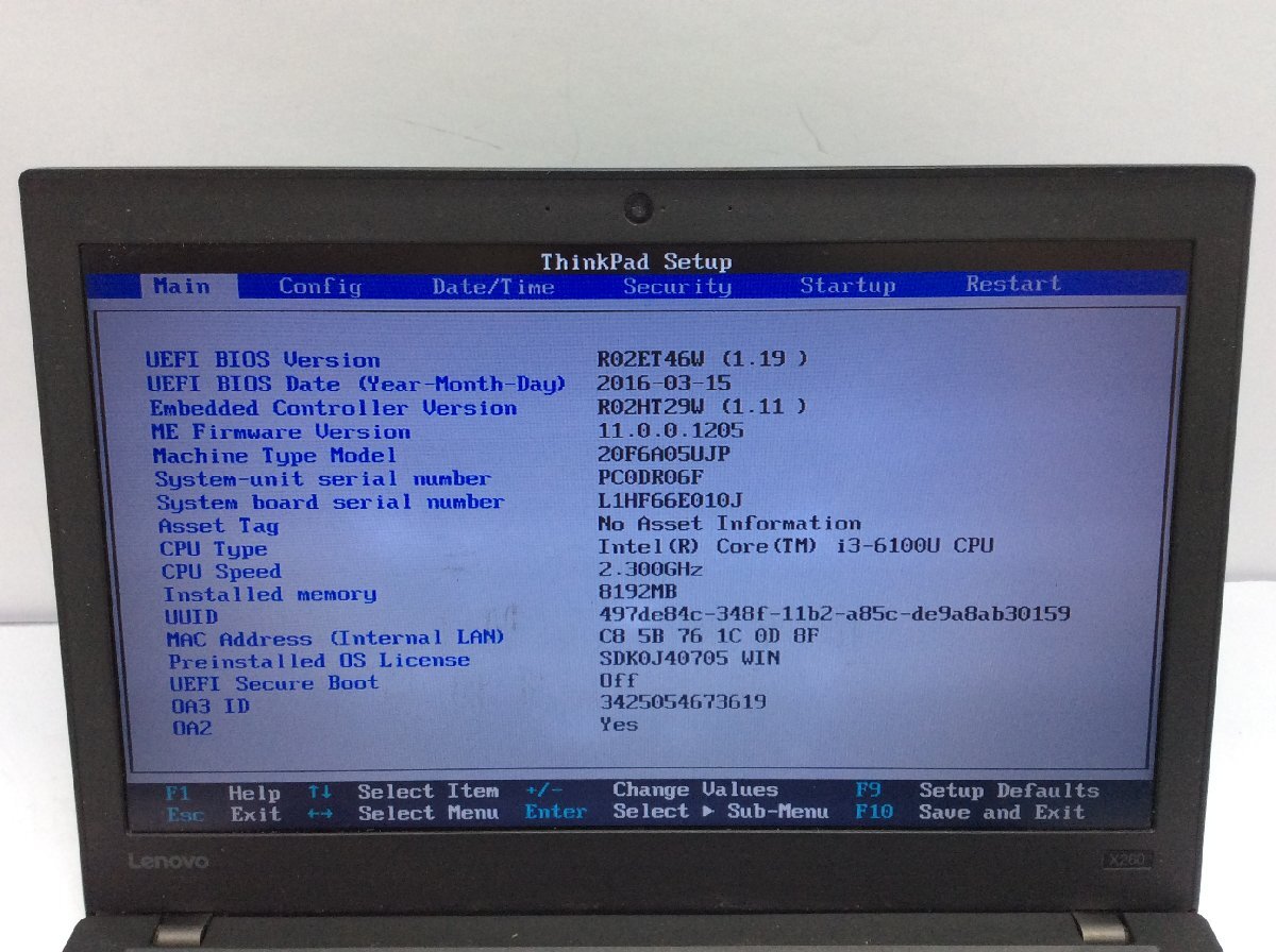 ジャンク/ LENOVO 20F6A05UJP ThinkPad X260 Intel Core i3-6100U メモリ8.19GB HDD500.1GB 【G23070】_液晶に色ムラ多数あります