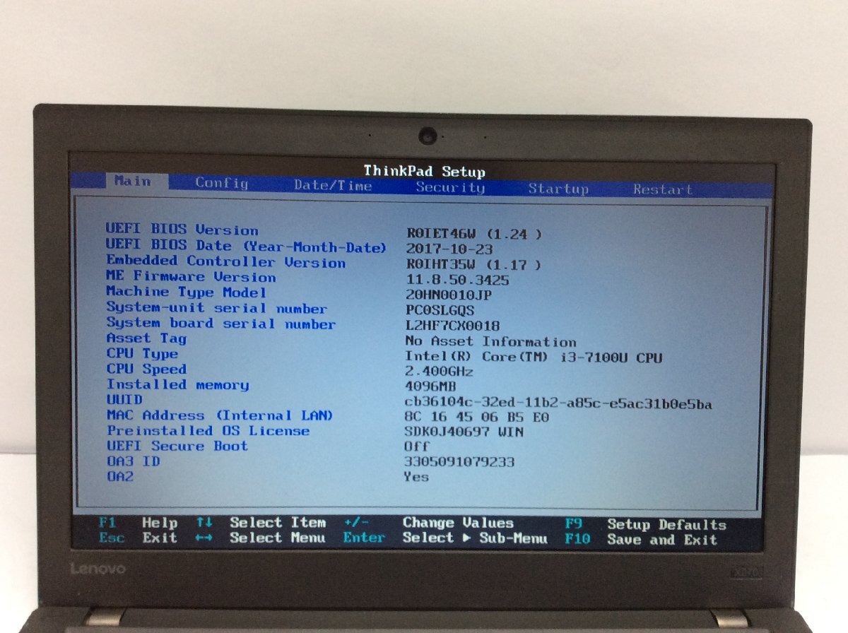 ジャンク/ LENOVO 20HN0010JP ThinkPad X270 Intel Core i3-7100U メモリ4.1GB HDD500.1GB 【G23066】_液晶に色ムラ多数あります