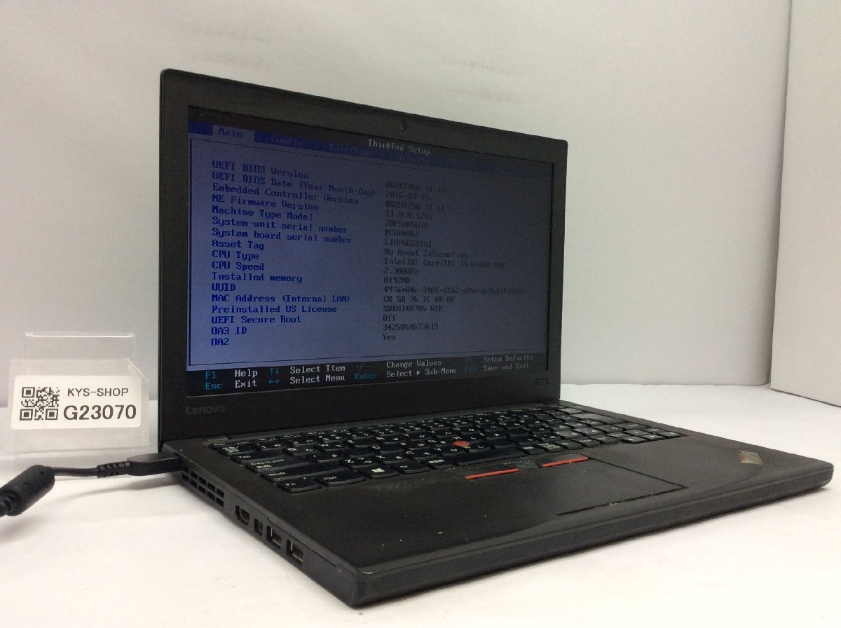 ジャンク/ LENOVO 20F6A05UJP ThinkPad X260 Intel Core i3-6100U メモリ8.19GB HDD500.1GB 【G23070】_画像1