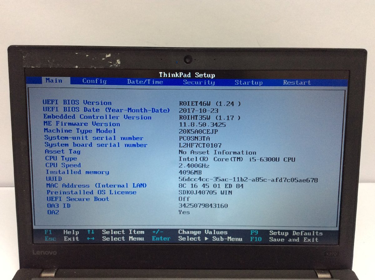 ジャンク/ LENOVO 20K5A0CEJP ThinkPad X270 W10DG Intel Core i5-6300U メモリ4.1GB ストレージ無し 【G23071】_液晶に色ムラ多数あります