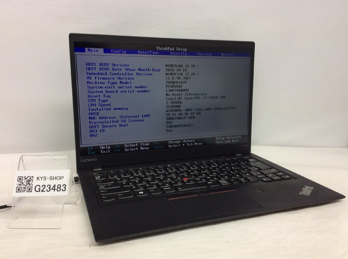 ジャンク/ LENOVO 20HQA010JP ThinkPad X1 Carbon 5th Intel Core i7-7500U メモリ16.38GB ストレージ無し 【G23483】_画像1