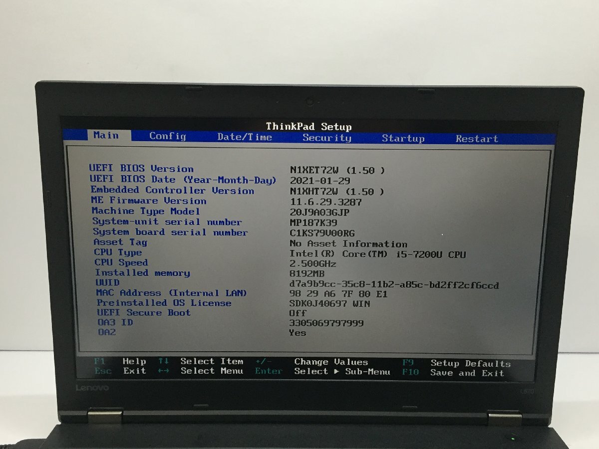 ジャンク/ LENOVO 20J9A03GJP ThinkPad L570 Intel Core i5-7200U メモリ8.19GB HDD500.1GB 【G22267】_液晶キズ・発色不良があります