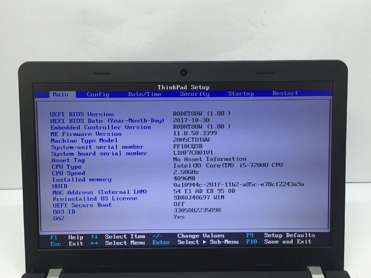 ジャンク/ LENOVO 20H5CTO1WW ThinkPad E570 Intel Core i5-7200U メモリ4.1GB HDD500.1GB 【G22325】の画像5