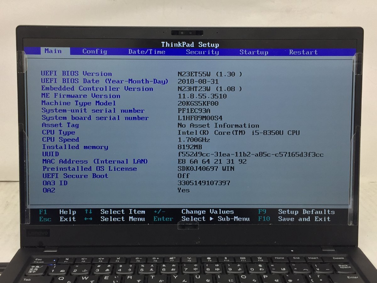 ジャンク/ LENOVO 20KGS5KF00 ThinkPad X1 Carbon 6th Core i5-8350U メモリ8.19GB ストレージ無し 【G22534】の画像7