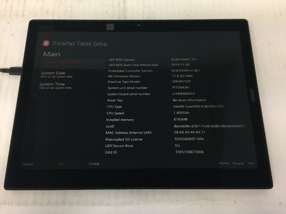 ジャンク/ LENOVO 20KJ0015JP ThinkPad X1 Tablet Gen 3 Intel Core i5-8250U メモリ8.19GB ストレージ無し 【G22824】_画像7