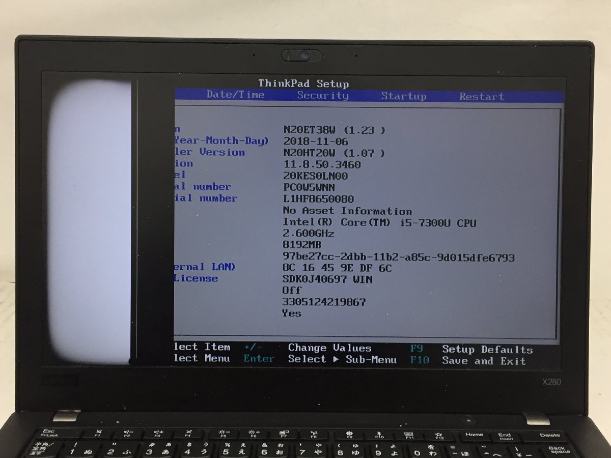 ジャンク/ LENOVO 20KES0LN00 ThinkPad X280 Intel Core i5-7300U メモリ8.19GB NVME256.06GB 【G22864】_液晶割れのため左側が映りません