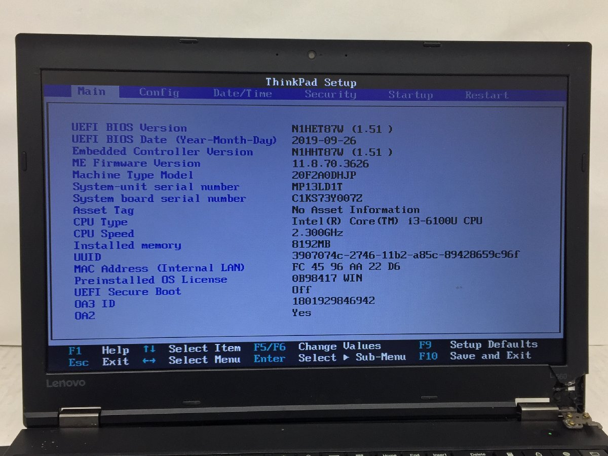 ジャンク/ LENOVO 20F2A0DHJP ThinkPad L560 Intel Core i3-6100U メモリ8.19GB HDD500.1GB 【G23011】_画像7