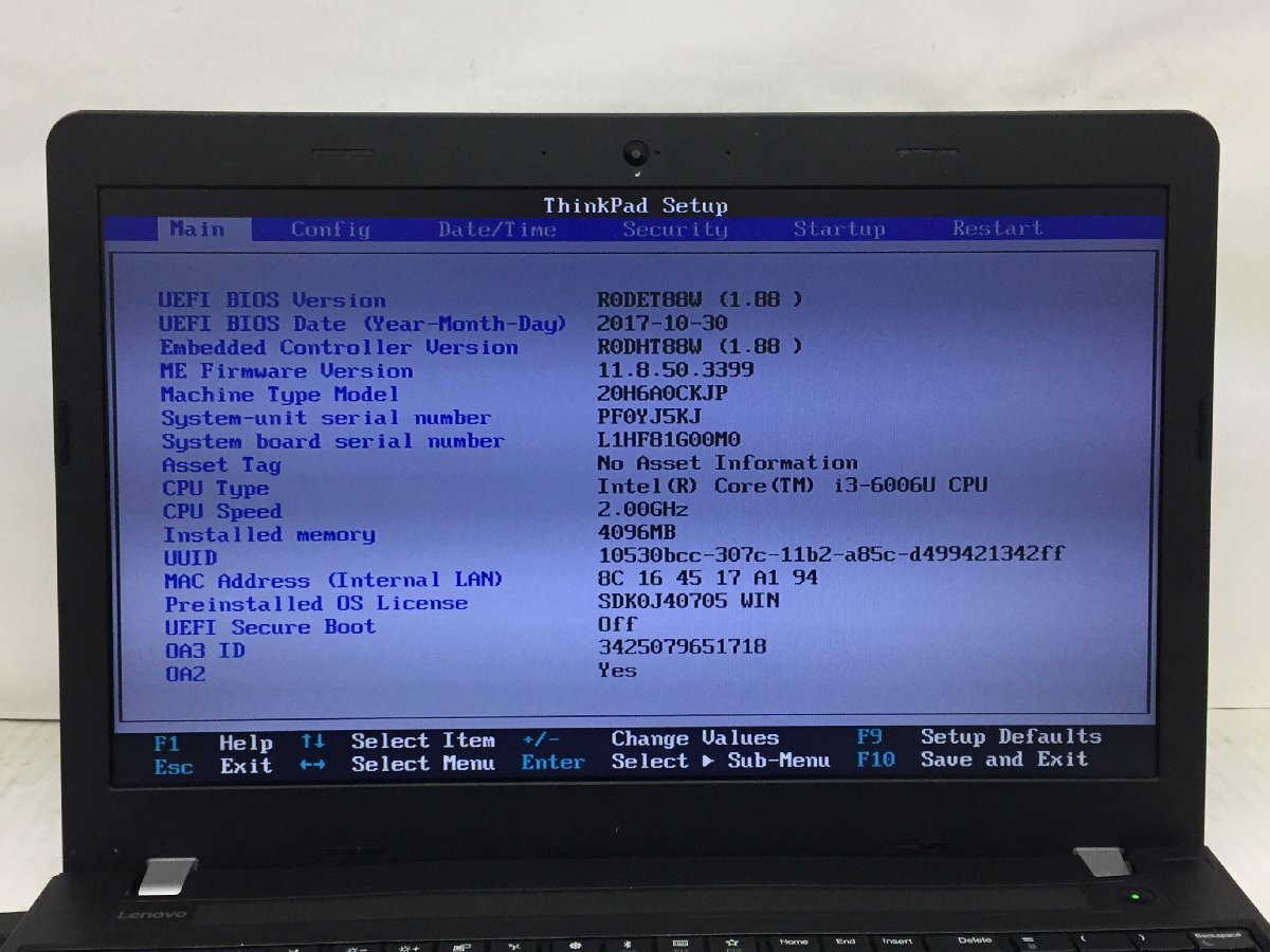 ジャンク/ LENOVO 20H6A0CKJP ThinkPad E570 Intel Core i3-6006U メモリ4.1GB HDD500.1GB 【G23015】_液晶に写真では分かりにくい色ムラあります