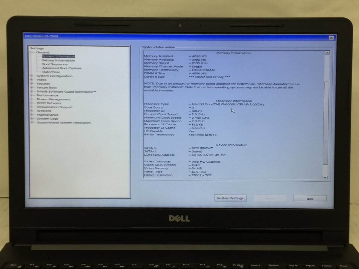 ジャンク/ Dell Vostro 15-3568 Intel Core i3-6006U メモリ4.1GB HDD1TB 【G23592】_画像7