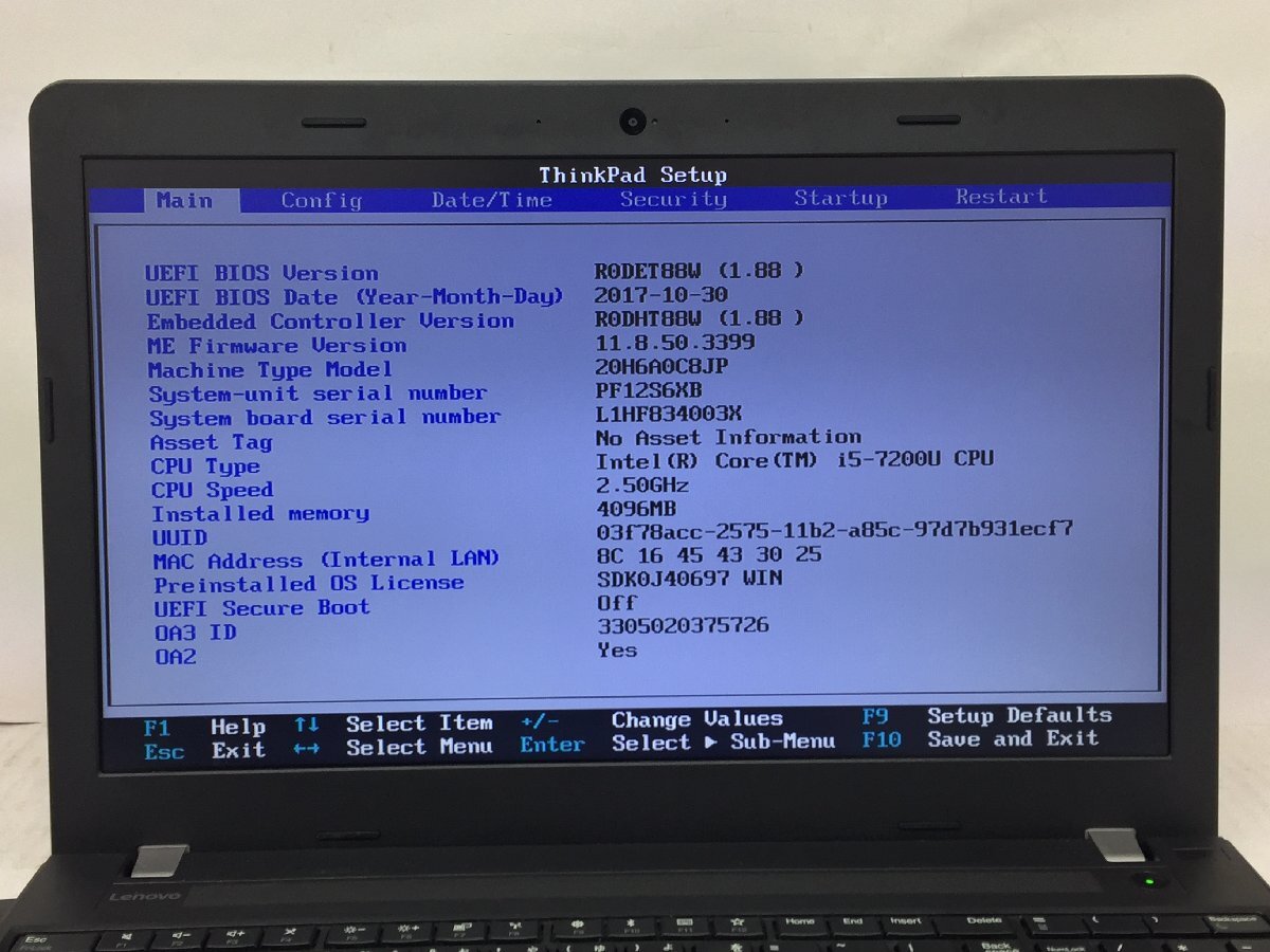 ジャンク/ LENOVO 20H6A0C8JP ThinkPad E570 Intel Core i5-7200U メモリ4.1GB ストレージ無し 【G23600】_画像7