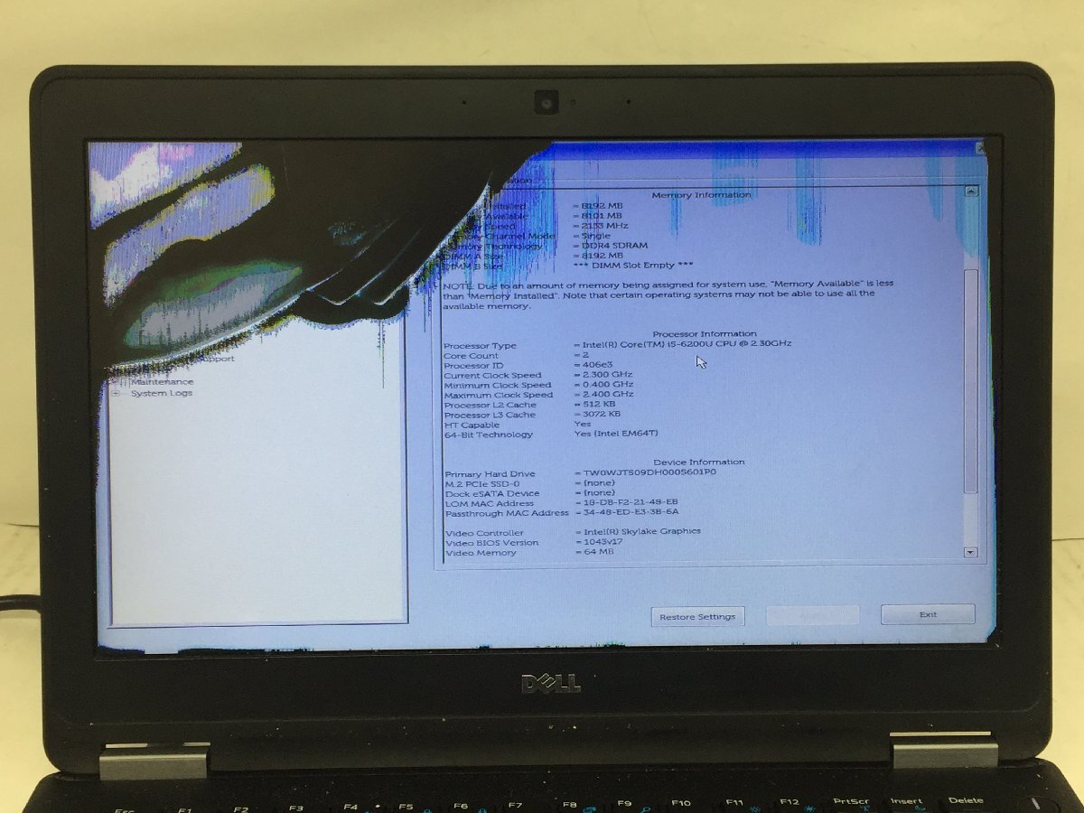 ジャンク/ Dell Latitude E7270 Intel Core i5-6200U メモリ8.19GB SSD256.06GB 【G22886】_液晶が割れており左上が映りません