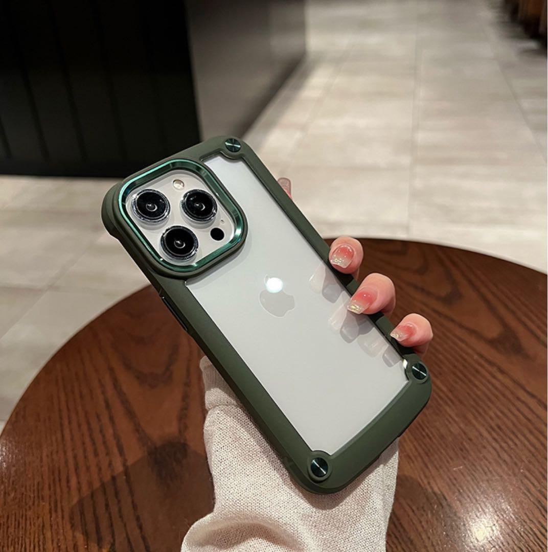 iphone15pro ハードケース 透明 カーキ スマホ シリコンフレーム グリーン スマホケース カバー アイフォン アイフォンケース シンプル