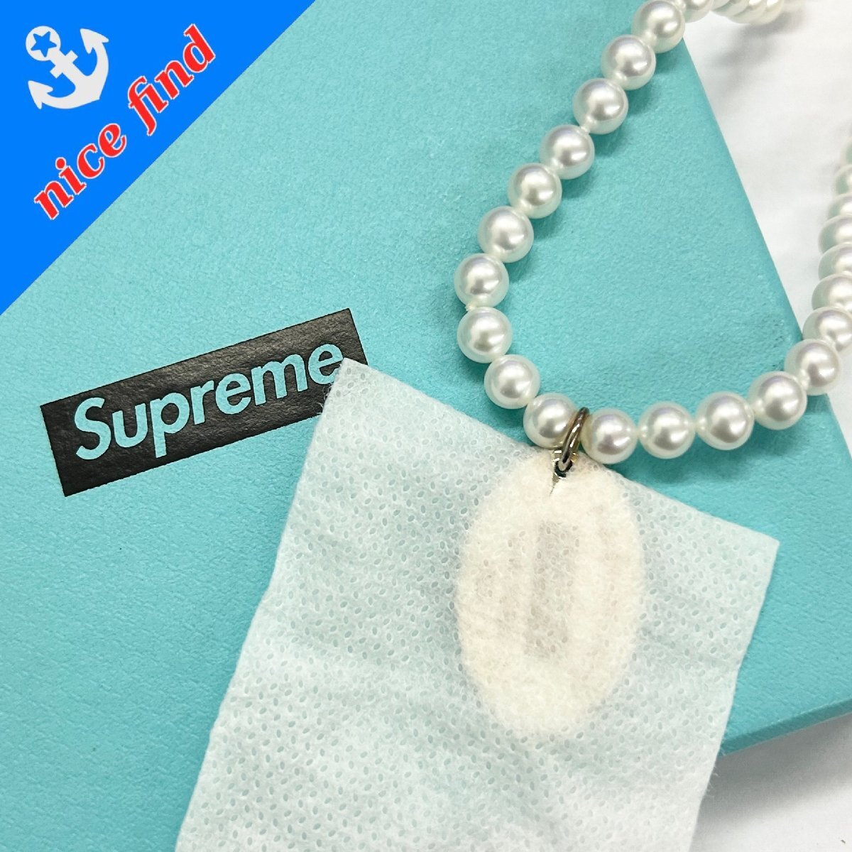 美品◆ティファニー TIFFANY&Co.◆Supreme コラボ オーバルプレート パール ネックレス シルバー 925 メンズ アクセサリー 箱/保存袋付_画像1