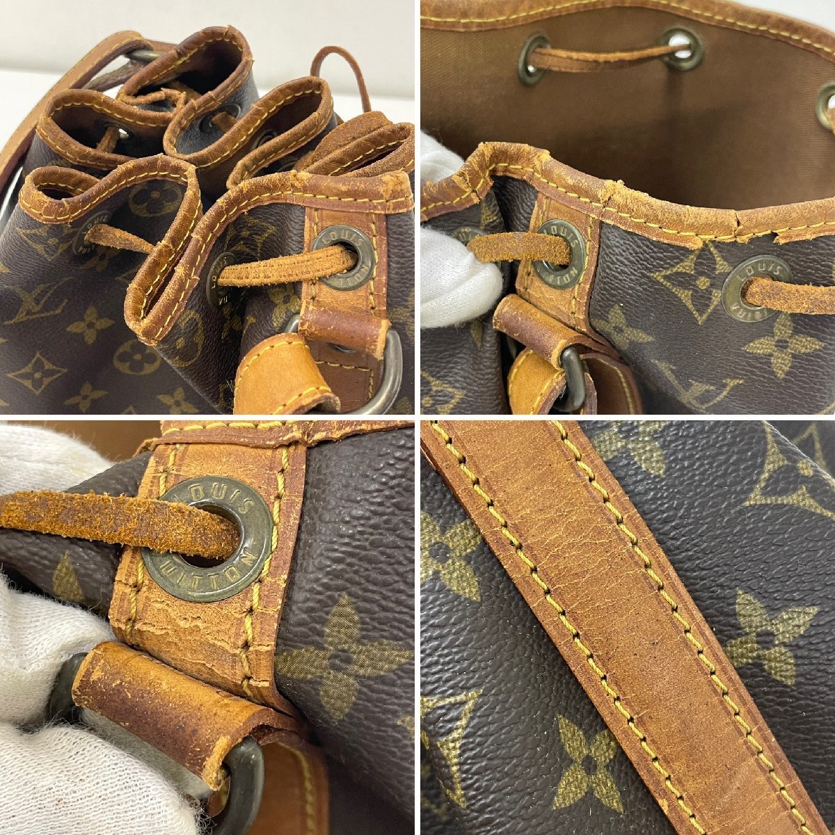 ◆ルイ ヴィトン LOUIS VUITTON◆モノグラム ノエ M42224 巾着型 ショルダーバッグ ブラウン レザー レディース_ヌメ革にヒビ破れやシワ、シミ汚れや黒ずみ