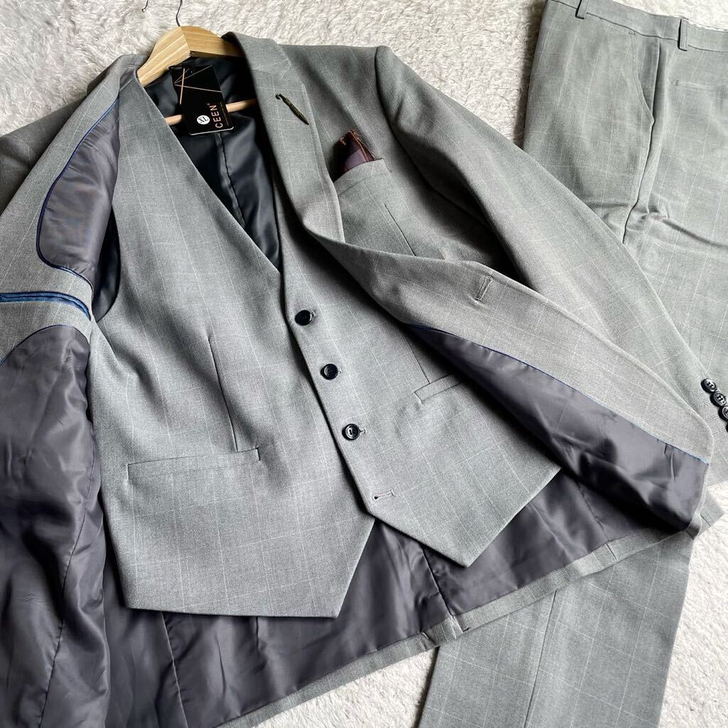  unused tag attaching /XL size [CEEN] window pen .. pattern check gray stretch 3P three-piece setup suit men's dress 