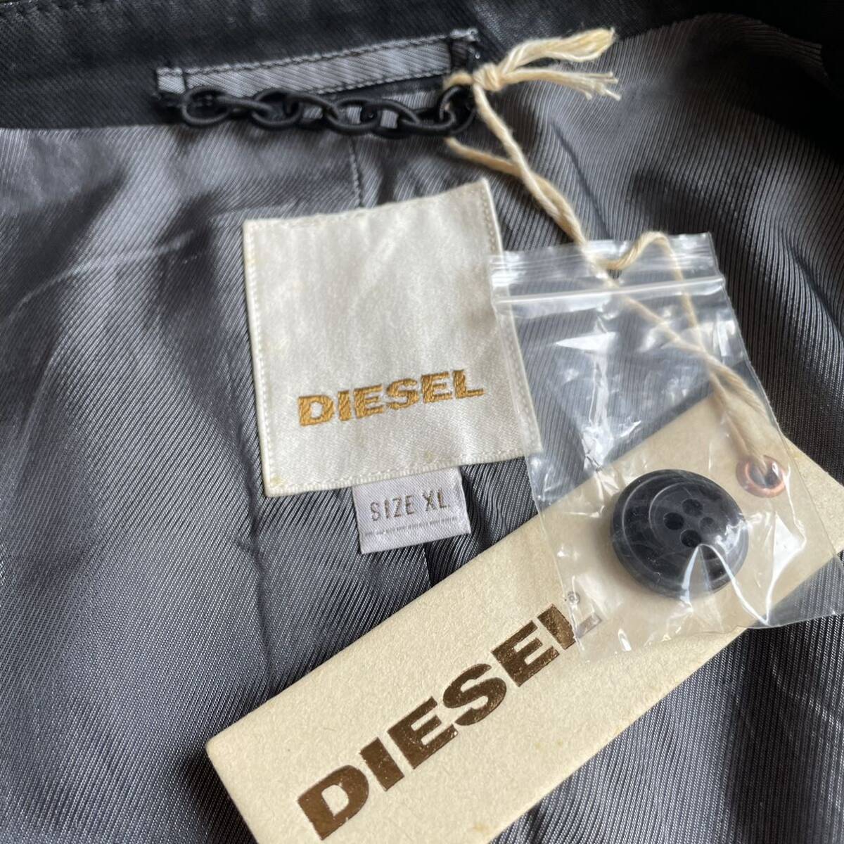 希少XL/未使用級タグ付き『DIESEL/ディーゼル』コーティング加工 羊革 部分レザー 黒 ブラック テーラードジャケット メタルロゴプレート_画像8