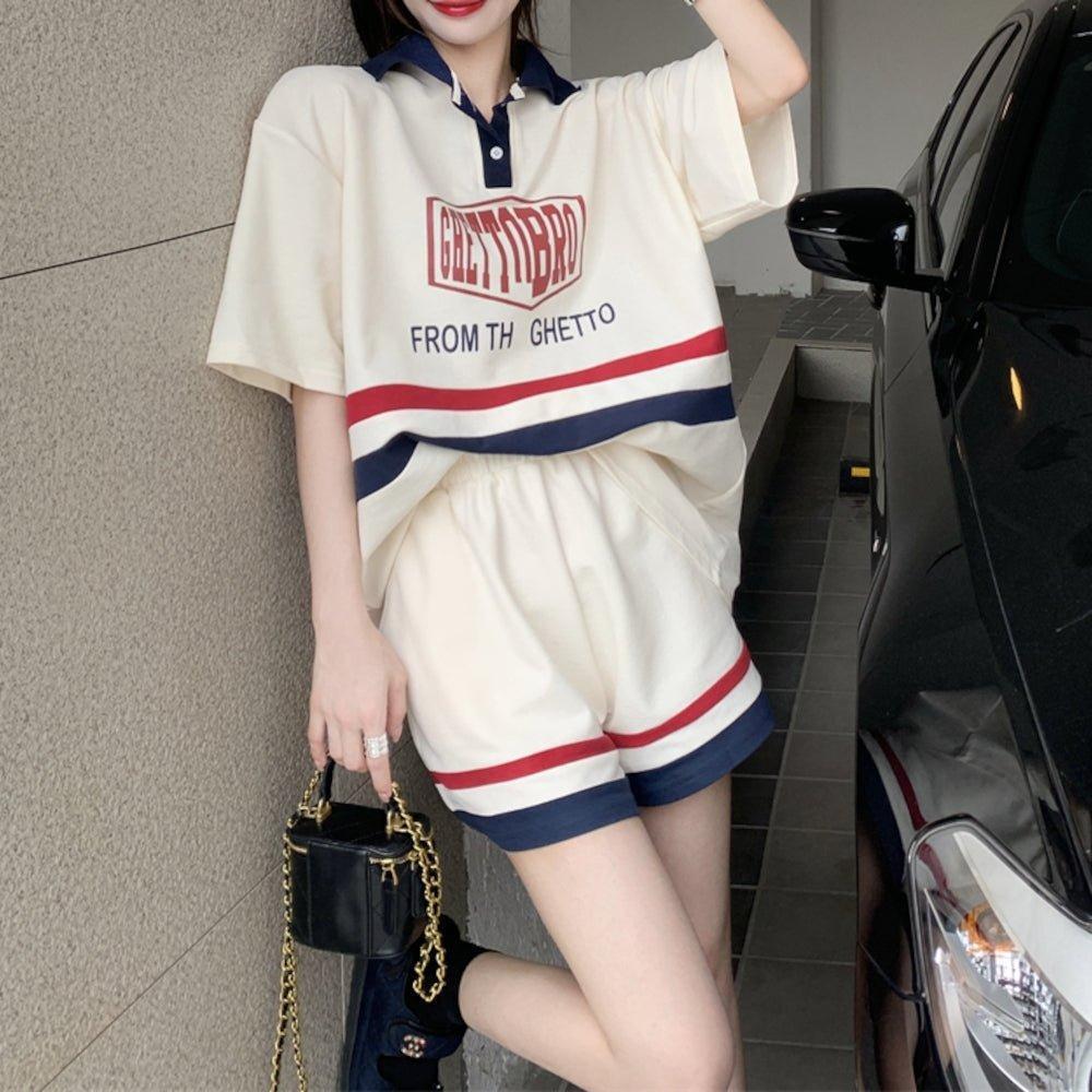 ポロシャツ ショートパンツ セットアップ ボーダー 韓国 ネイビー×レッド_画像3