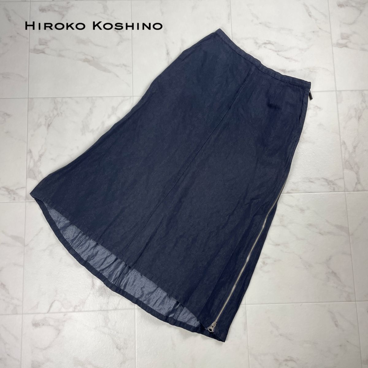 美品 HIROKO BIS ヒロココシノ サイドジップ デニムロングフレアスカート レディース ボトムス ネイビーブルー サイズ11*OC424_画像1