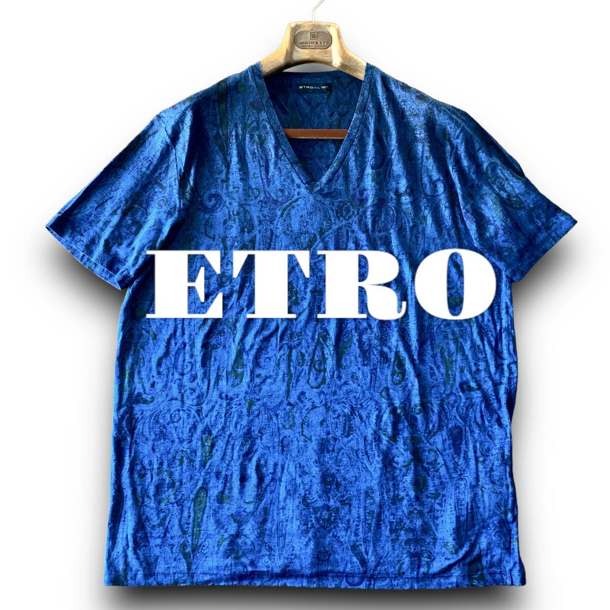 C06 美品 極上ペイズリーデザイン！定価4万 2XLサイズ『エトロ ETRO』麻100％ イタリアンリネン 半袖 Tシャツ カットソー ブルー 青色_画像1