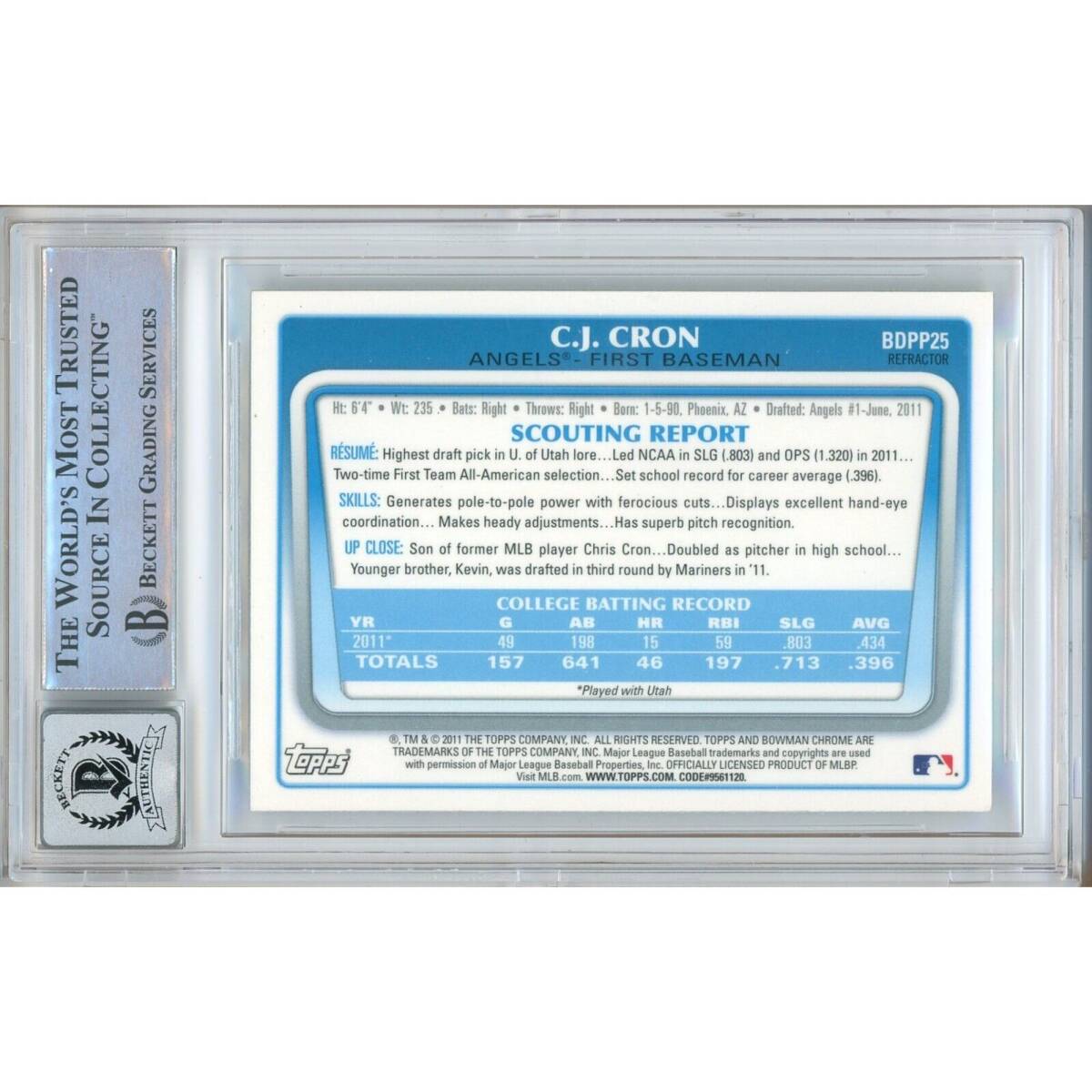 CJ Cron Los Angeles Angels Signed 2011 1st Bowman Chrome Refractor BGS Auto 10 海外 即決_CJ Cron Los Angele 2