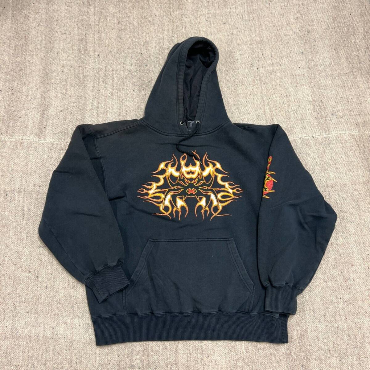 Vintage Flame Hoodie Mens Large Black 2000s Spider Y2K Tap Out Jnco 海外 即決_Vintage Flame Hood 1