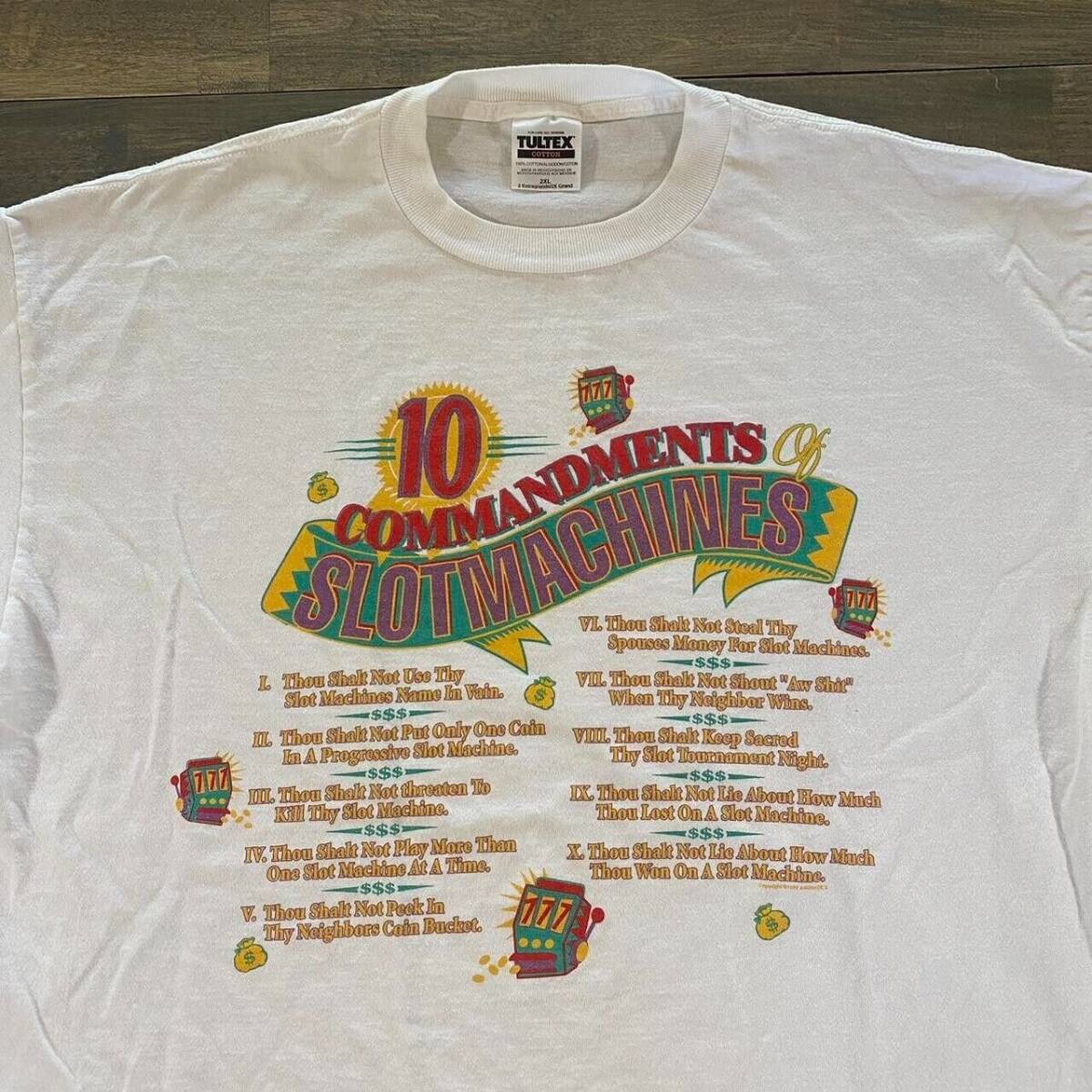 VTG 90s 10 Commandments Slots Casino Gambling Money Tee Shirt White Mens Sz 2XL 海外 即決_VTG 90s 10 Command 2