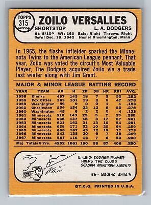 1968 Topps Zoilo Versalles #315 - Los Angeles Dodgers - EX to NEAR MINT 海外 即決_1968 Topps Zoilo 2