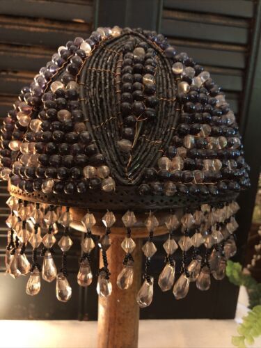 Vintage Metal Wire and Black-Clear Beaded Plastic Crystal Seed Beads Lamp Shade 海外 即決_Vintage Metal Wire 8
