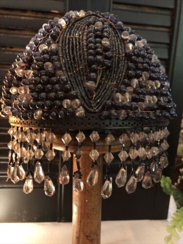 Vintage Metal Wire and Black-Clear Beaded Plastic Crystal Seed Beads Lamp Shade 海外 即決_Vintage Metal Wire 1