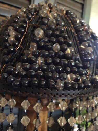 Vintage Metal Wire and Black-Clear Beaded Plastic Crystal Seed Beads Lamp Shade 海外 即決_Vintage Metal Wire 4
