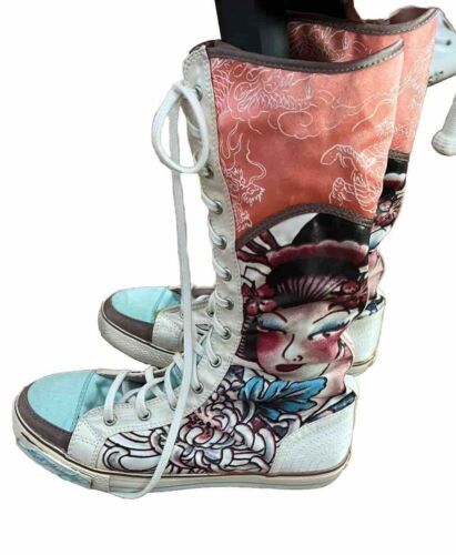Ed Hardy Size 6 Geisha High Top Sneakers Pink Blue, Excellent Rare/Vintage 海外 即決_Ed Hardy Size 6 Ge 6