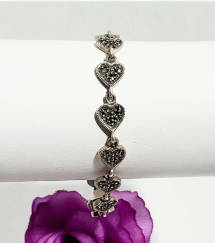 Vintage 925 Sterling Silver Marcasite Heart Link Tennis Bracelet 6 3/4" 11gr 海外 即決_Vintage 925 Sterli 4