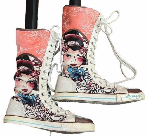 Ed Hardy Size 6 Geisha High Top Sneakers Pink Blue, Excellent Rare/Vintage 海外 即決_Ed Hardy Size 6 Ge 1