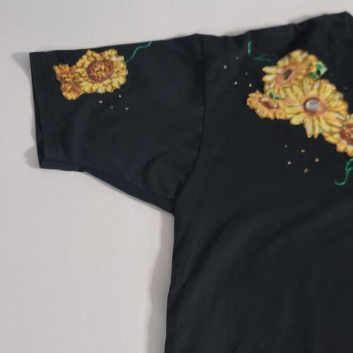 Vtg Jerzees Black Crafted Flower Puffy Paint Short Sleeve T-Shirt 海外 即決_Vtg Jerzees Black 4