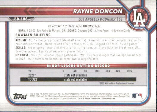 2022 BOWMAN DRAFT PAPER LOS ANGELES DODGERS RAYNE DONCON #BD-188 海外 即決_2022 BOWMAN DRAFT 2